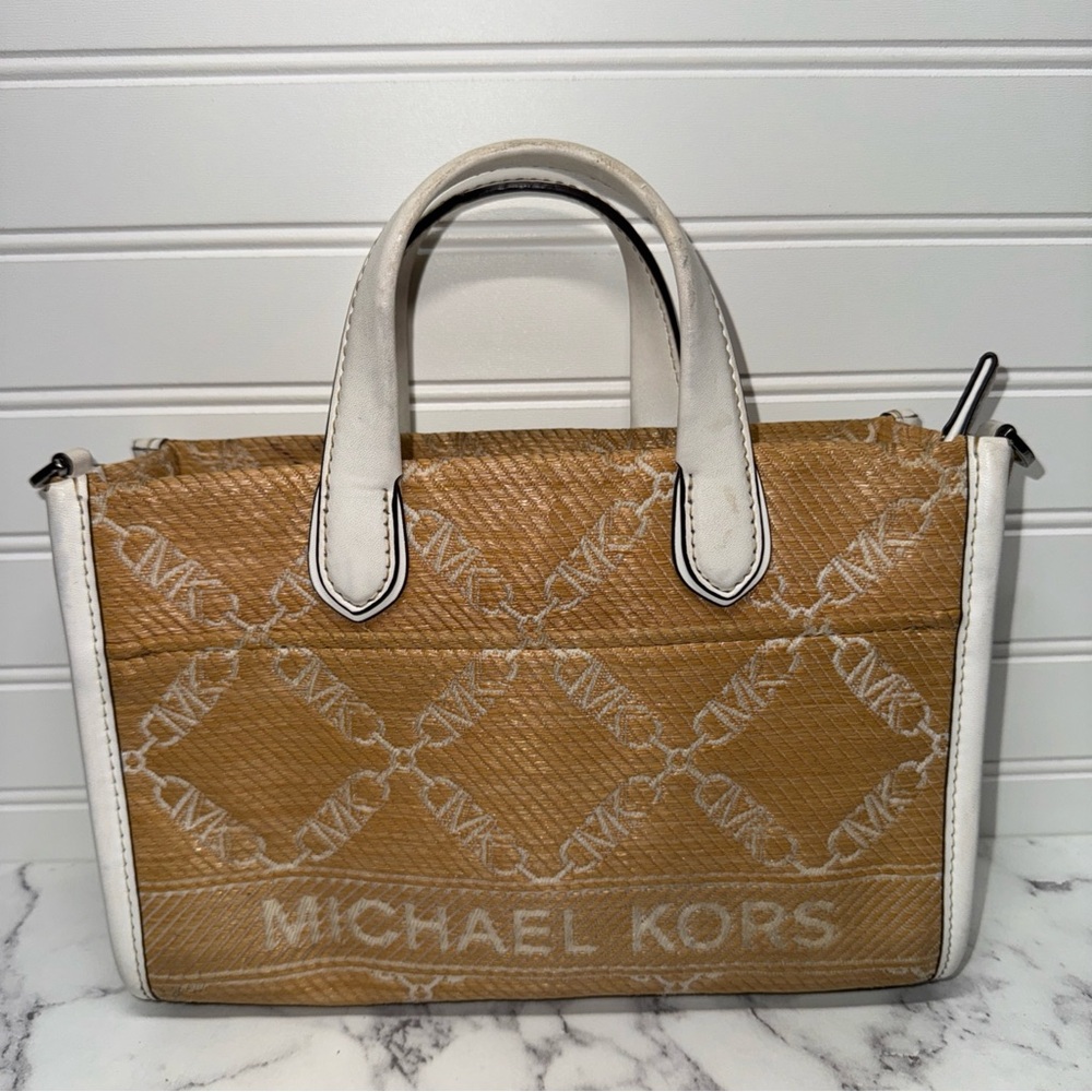 Michael Kors Tan and White Satchel with Gold Accents